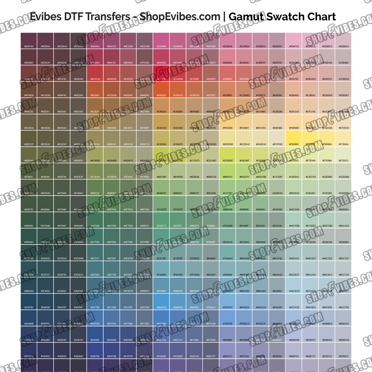 Evibes Color Swatch for DTF Printing - Hex Codes